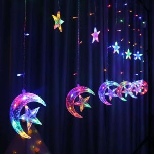 Cascada de luces navideñas Luna unido con estrella
