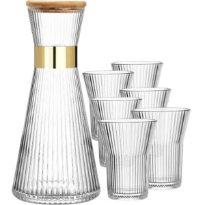 Jarra de vidrio con 6 vasos con tapa de Bambú