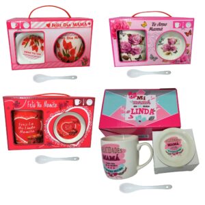 Taza de te con cucharita y platito en cajita Rosas