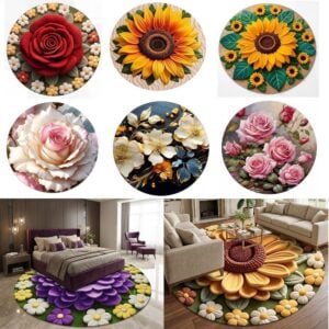 Alfombra Circular de 2 Metros Efecto 3D Diseño Floral para Sala y Dormitorio